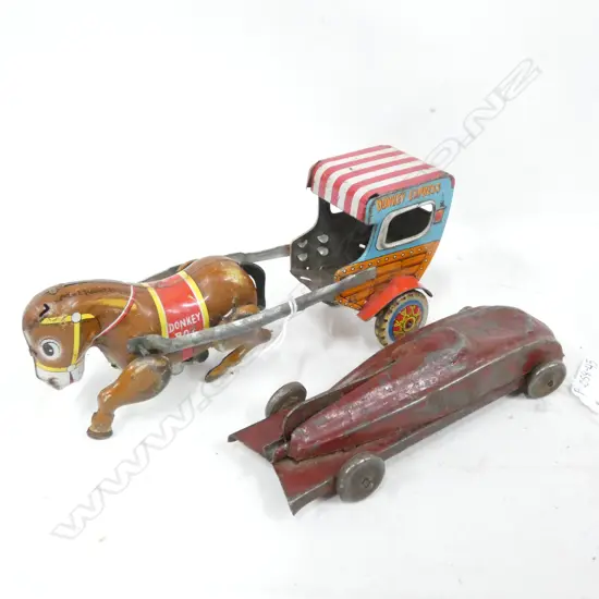 2 OLD TIN PLATE TOYS; DONKEY EXPRESS DONKEY & CART WIND UP TOY (L 170MM) & TIN PLATE RACER CAR L. 155MM